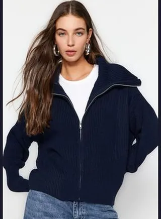 Navy Blue Zippered Collar, Knitwear Cardigan TWOAW24HI00072