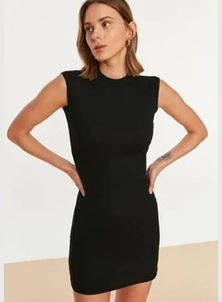 Black Fitted Crew Neck Mini Ribbed Stretch Knit Dress TWOSS22EL2819.