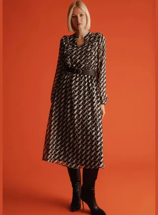 Woman Elastic Waist Dress Tipped Neck Long Sleeve Woven Dress