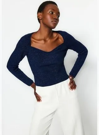 Navy Blue Shimmer Detailed Knitwear Sweater TWOAW24KZ00954
