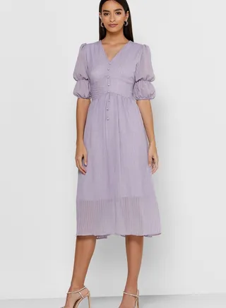 Puffed Sleeve Button Front Midi Dress