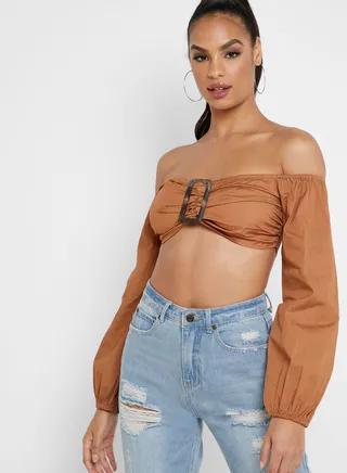 Buckle Detail Bardot Crop Top