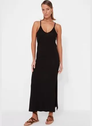 Black Fitted Maxi Knitted Beach Dress With Open Back TBESS23EL00126