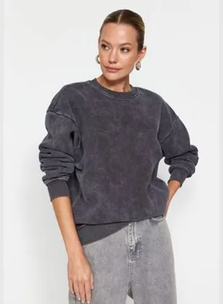 Anthracite Anthracite/Faded Effect Thick Fleece Inside Oversize/Wide-Collar Knitted Sweatshirt TWOAW24SW00151.