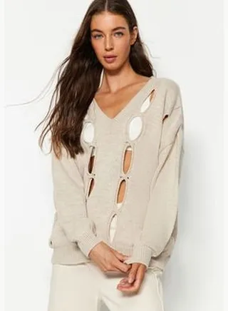 V-Neck Knitwear Sweater with Stone Openwork/Holes TWOAW24KZ00699