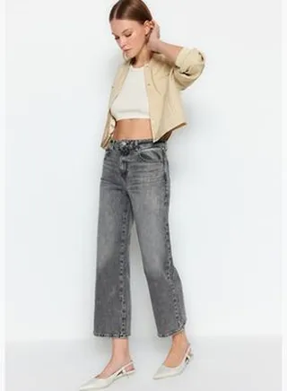 Anthracite Normal Waist Crop Straight Jeans TWOSS24JE00055