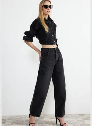 Black Stitch Detail High Waist Barrel Jeans