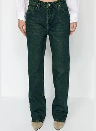 Dark Blue Pale Effect Vintage Low Waist Wide Leg Jeans TWOAW24JE00304.