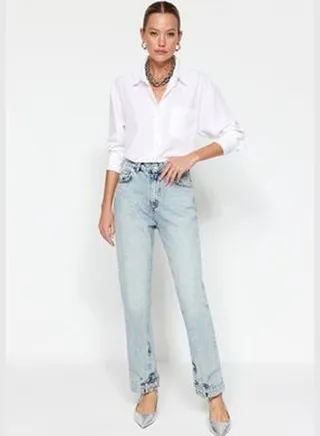 High Waist Long Straight Jeans with Blue Leg Detail TWOAW24JE00262