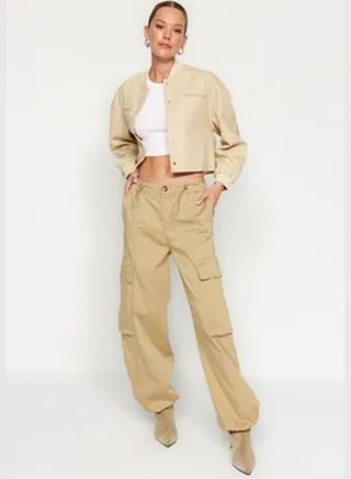 Beige Regular Waist Satin Jogger Jeans with Cargo Pocket TWOAW24JE00272