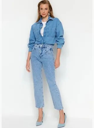 Blue Stitching Detail High Waist Straight Jeans TWOAW24JE00186