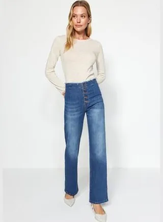 Blue High Waist Wide Leg Jeans With Buttons In The Front TWOAW24JE00345