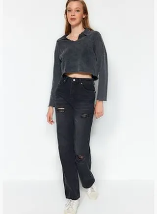 Black Ripped High Waist Wide Leg Jeans TWOAW24JE00162