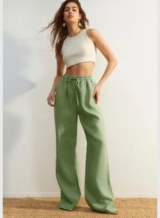 Green 100% Linen High Waist Wide Leg Pants with Elastic Waist.