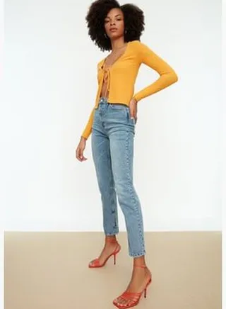 Blue Slit High Waist Straight Jeans TWOSS22JE0430