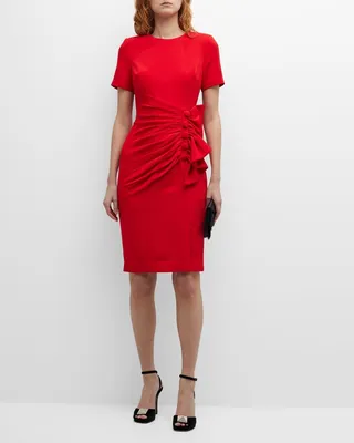 Ruched Button-Side Ruffle Short-Sleeve Dress