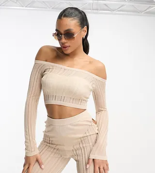 ASYOU sheer stripe long sleeve bardot knit top in sand