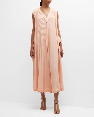 Sleeveless 3-Tier Pleated V-Neck Maxi Dress