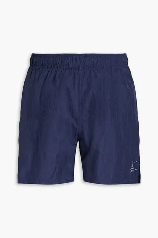 Mid-length crinkled printed swim shorts