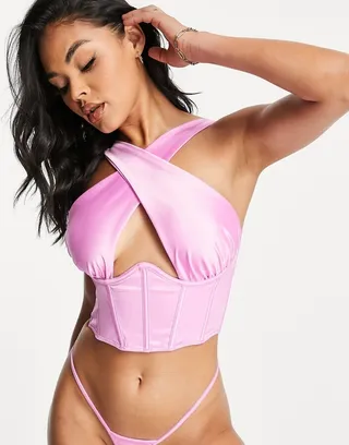 ASOS DESIGN Lucinda satin wrap front exposed wire corset in violet