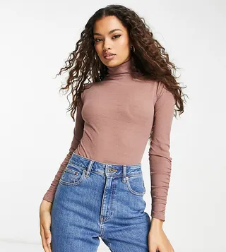 Miss Selfridge Petite textured mesh turtle neck bodysuit in mushroom