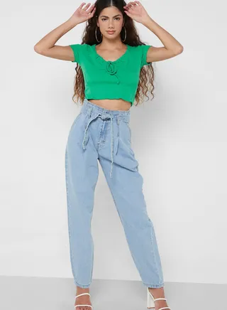 Classic Mom Jeans With Tie Up