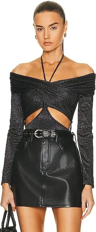 JONATHAN SIMKHAI STANDARD Riana Off The Shoulder Bodysuit in Black
