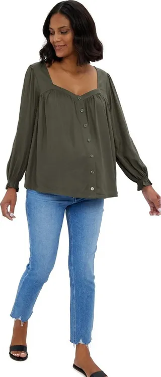 Ingrid & Isabel Maternity Button Front Sweetheart Top Olive Green Size M