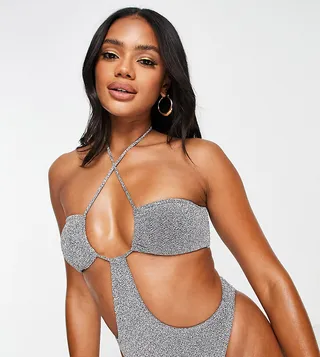 South Beach halter cut out swimsuit in silver