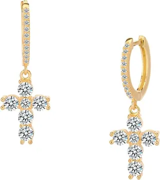 14K Yellow Gold Vermeil & Man Made Crystal Cross Charm Huggie Earrings