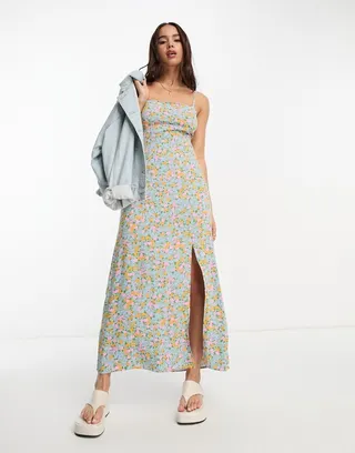 Miss Selfridge strappy lace back maxi slip dress in blue ditsy