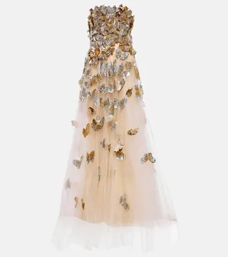 Applique sequined tulle gown