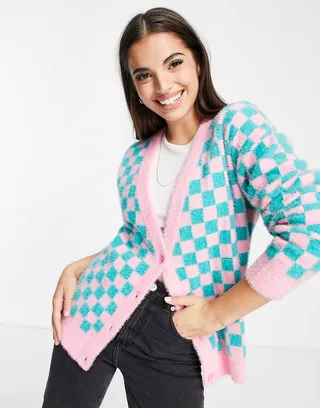 Daisy Street relaxed cardigan in fluffy checkerboard