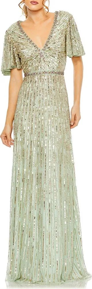 Starburst Sequin Flutter Sleeve A-Line Gown