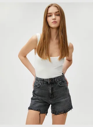 Cotton High Waist Pocket Detail Destroyed Jean Shorts