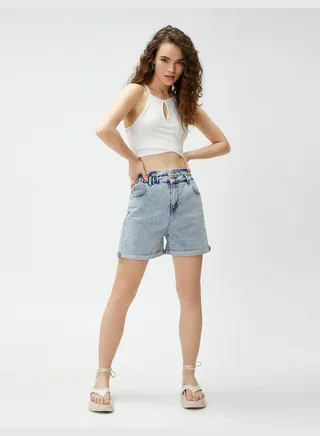 Cotton Pocket Detail High Waist Jean Shorts