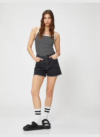 Cotton High Waist Destroyed Jean Shorts