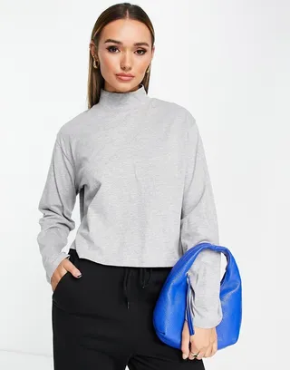 ASOS DESIGN boxy high neck long sleeve T-shirt in gray heather
