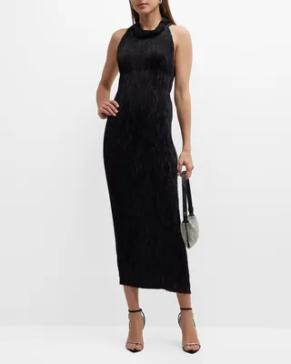 Twisted Cowl-Neck Plisse Midi Sheath Dress