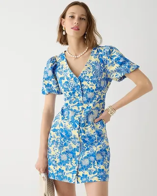Button-front puff-sleeve mini dress in blue floral twill