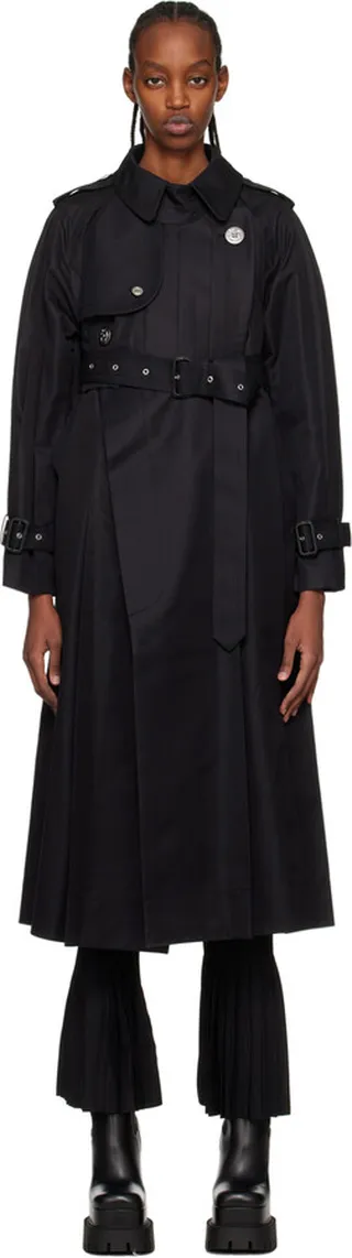 sacai Black Pleated Trench Coat