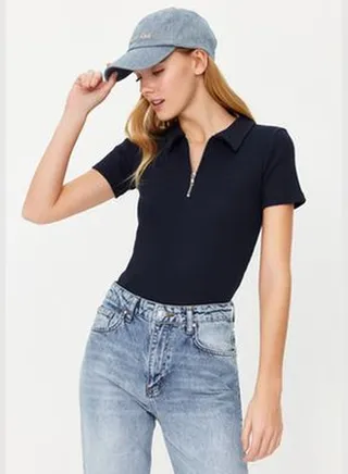 Navy Blue Zipper Detailed Fitted Polo Neck Ribbed Stretchy Knitted Blouse TWOSS23BZ00496