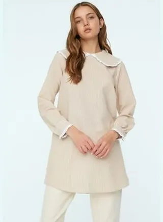 Beige Striped Baby Collar Woven See-through Tunic TCTSS22TN0012