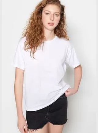 White 100% Cotton Boyfriend/Wide Fit Fit Crew Neck Knitted T-Shirt TWOSS20TS0134