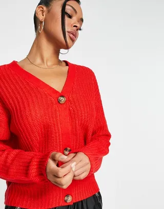 Brave Soul daisy fisherman knit cardigan in red