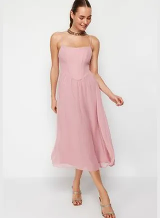 Dusty Rose Waist Opening/Skater Lined Corset Detailed Tulle Elegant Evening Dress