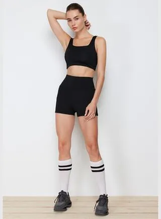 Black Gathering Reflector Print Detail Wide Cut Sports Shorts Tights THMSS24TY00004