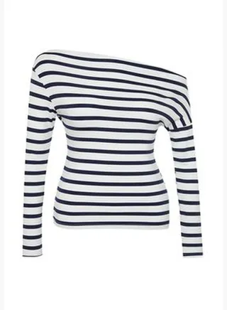 Navy Blue Striped Premium Soft Fabric Fitted Boat Neck Flexible Knitted Blouse