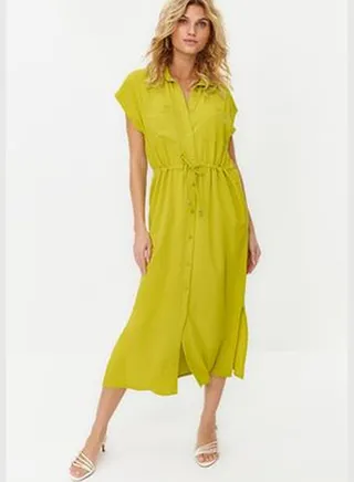 Green Gathered Waist Midi Woven Dress TWOSS24EL00049
