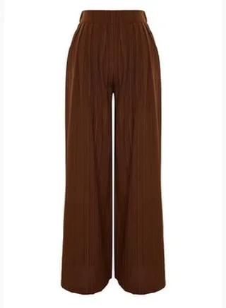 Pleat Detailed Wide Leg Dark Brown Textured Fabric Woven Trousers